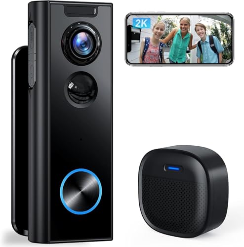 XTU Doorbell Camera Wireless No Subscription, 2K Video Doorbell with Chime, 2-way Audio, Instant Alert, Human Detection, Night Vision, 2.4G Wi-Fi, Works with Alexa and Google Assistant, Indoor Outdoor