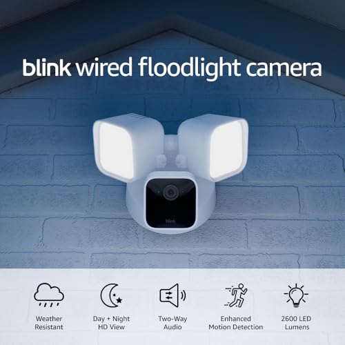 Blink Wired Floodlight Camera – Smart security camera, 2600 lumens, HD live view, enhanced motion detection, built-in siren, Works with Alexa – 1 camera (White)