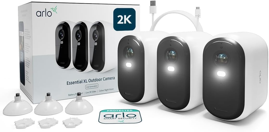 Arlo Essential 2 XL Überwachungskamera Aussen WLAN, Bis Zu 2 Jahre Schutz, Kabellos, 2K HD Video, Farbnachtsicht, Licht, Bewegungsmelder, Sirene, 2-Wege Audio + Arlo Secure Plan Testzeitraum, Weiß