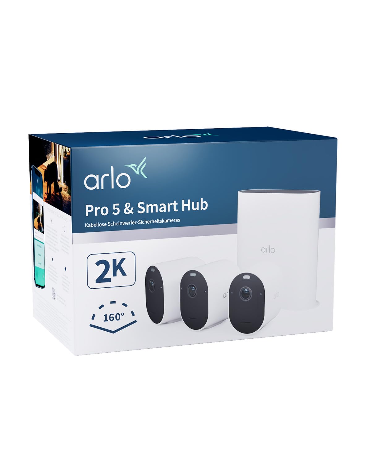 Arlo Pro 5 Überwachungskamera + USB-Stick SmartHub, 2K+ HDR Video, Kabellos, Verbesserte Farbnachtsicht, 160° Blickwinkel, Spotlight, 2-Wege Audio, Alarm Sirene + Arlo Secure Testzeitraum, 3er Set