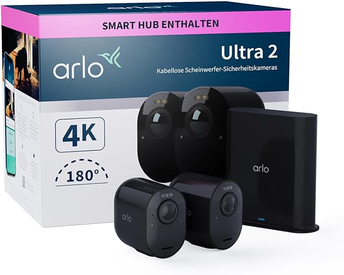 Arlo Ultra 2 XL Überwachungskamera Aussen WLAN, 12-Monate Akkulaufzeit, Kabellos, 4K UHD Qualitätsprodukt, 180°, Nachtsicht, Bewegungsmelder, Alarm Sirene, Zusatzkamera, SmartHub Benötigt