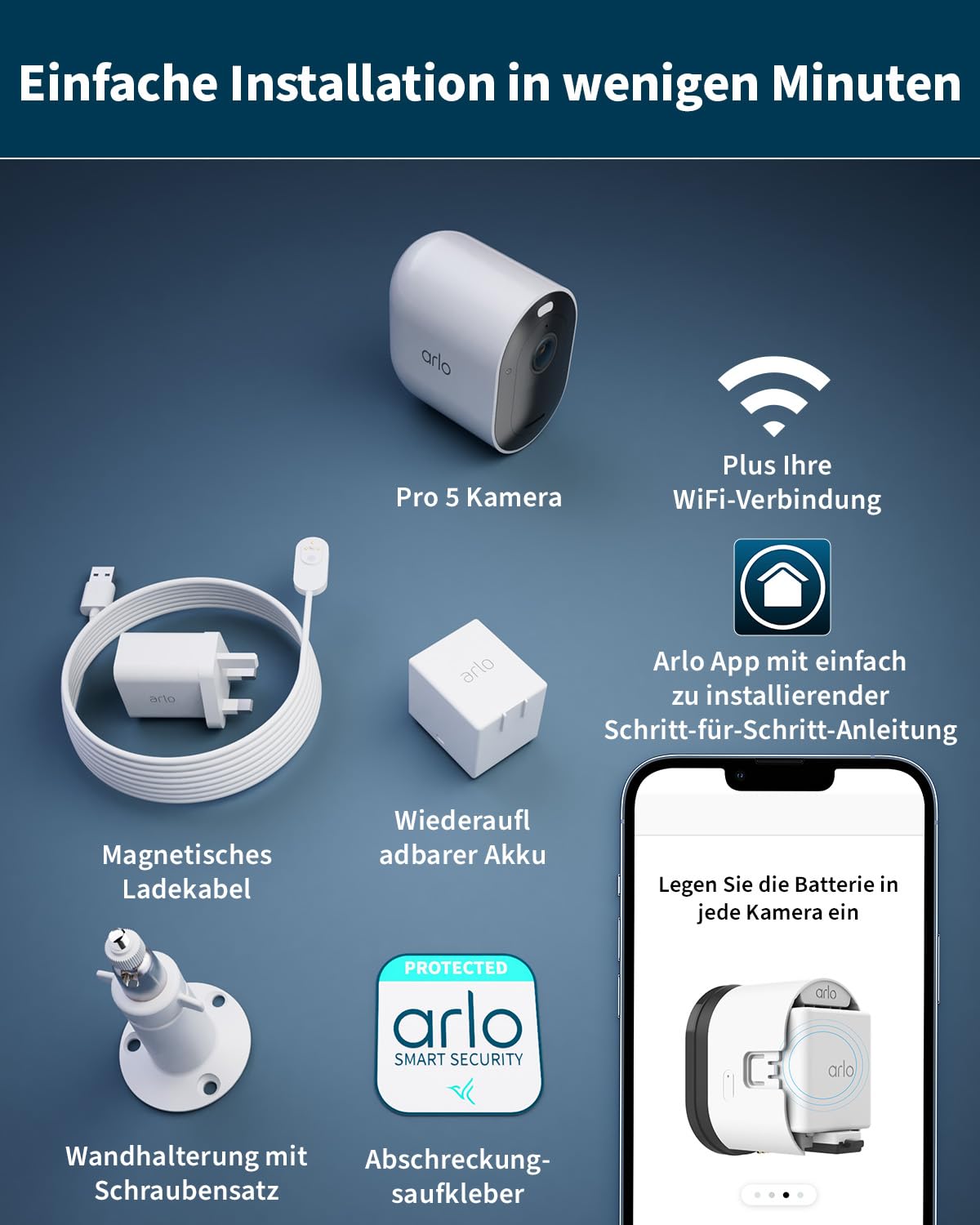 Arlo Pro 5 Überwachungskamera Aussen WLAN, 2K+ HDR Video, Kabellos, Verbesserte Farbnachtsicht, 160° Blickwinkel, Spotlight, 2-Wege Audio, Alarm Sirene Secure Testzeitraum, Weiß