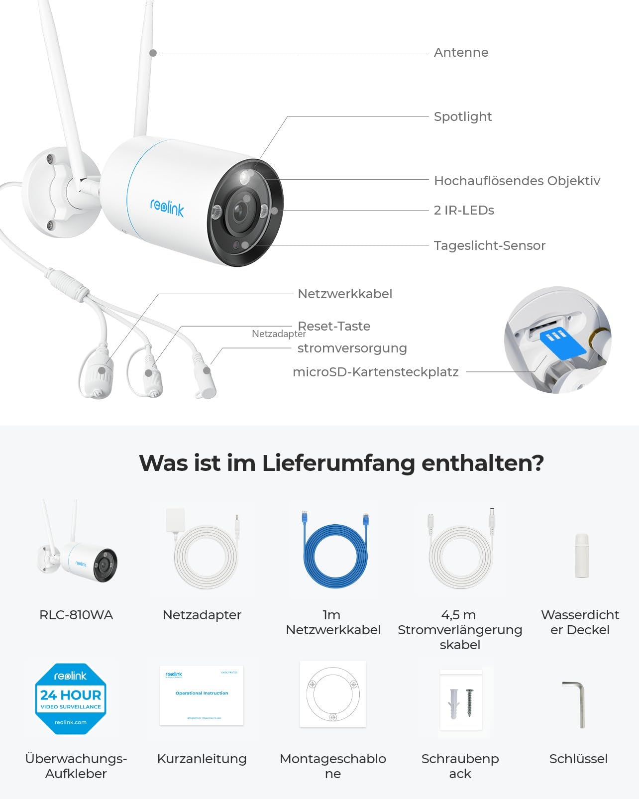 Reolink 4K Wi-Fi 6 Überwachungskamera, 5/2,4 GHz WLAN Kamera Outdoor mit IP67 Metallgehäuse, Menschen-/Fahrzeug-/Haustiererkennung, Farbnachtsicht, 2-Wege-Audio, 24/7-Aufzeichnung, RLC-810WA