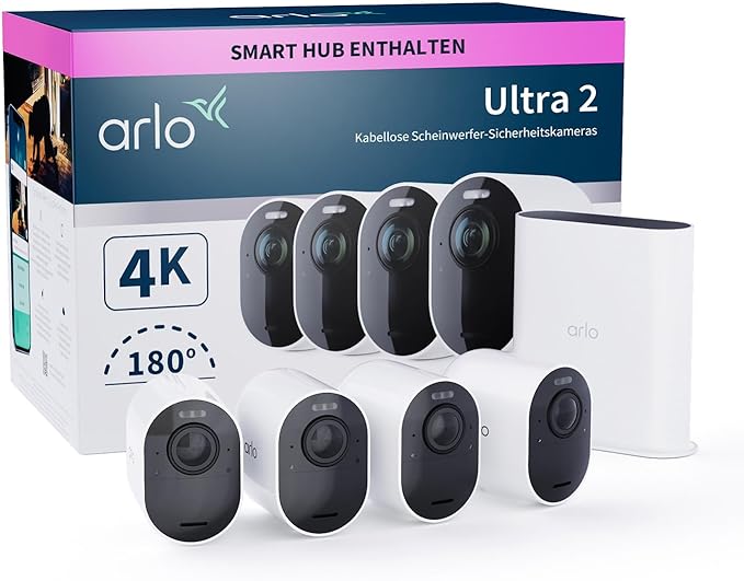 Arlo Ultra 2 XL Überwachungskamera Aussen WLAN, 12-Monate Akkulaufzeit, Kabellos, 4K UHD Qualitätsprodukt, 180°, Nachtsicht, Bewegungsmelder, Alarm Sirene, Zusatzkamera, SmartHub Benötigt