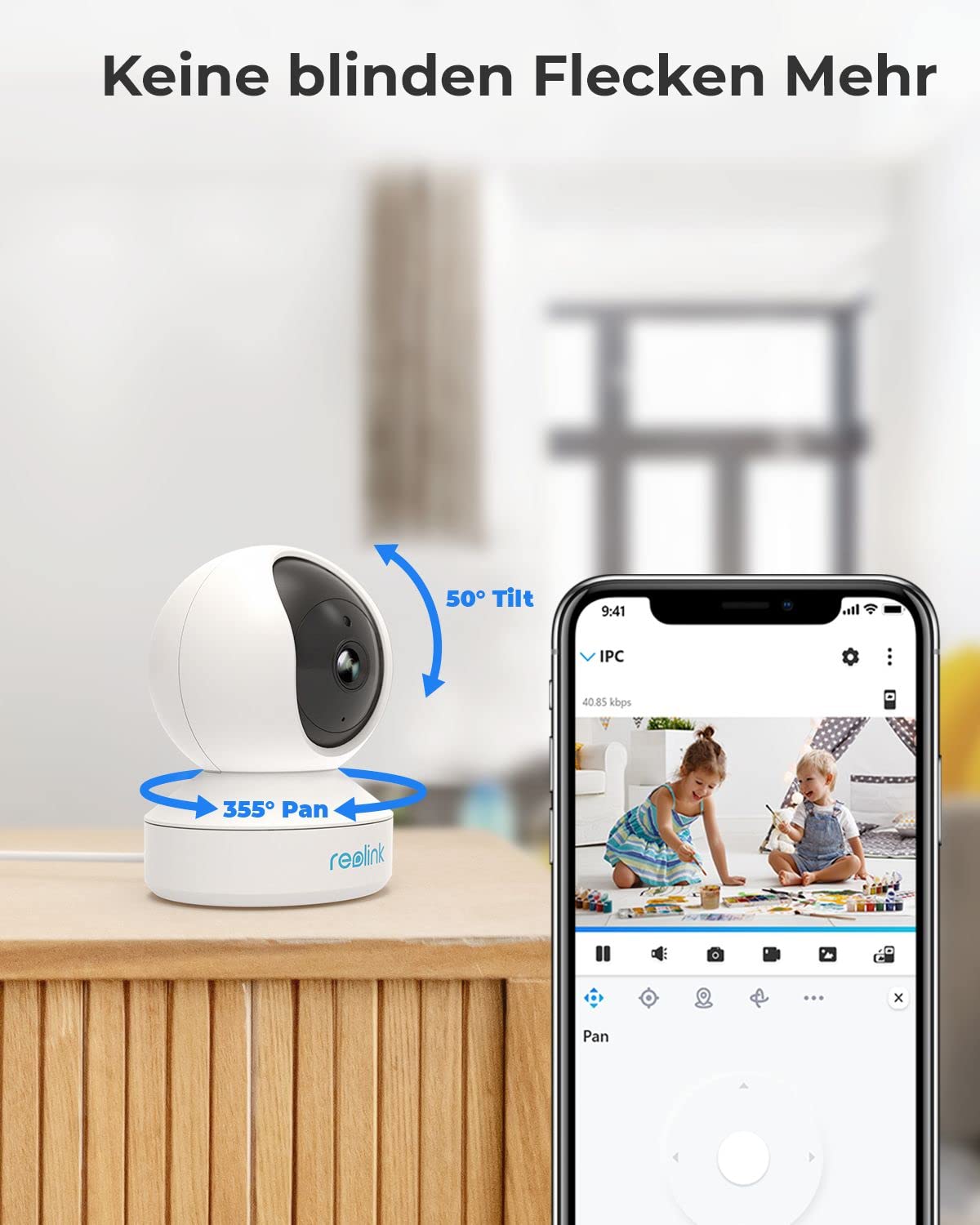 Reolink WLAN IP Kamera Indoor Schwenkbar, 2K 3MP Hund Haustier Indoor Kamera, 2,4 GHz WLAN Überwachungskamera Innen, Zwei-Wege-Audio, Baby Monitor mit Personen-/Haustiererkennung, E1