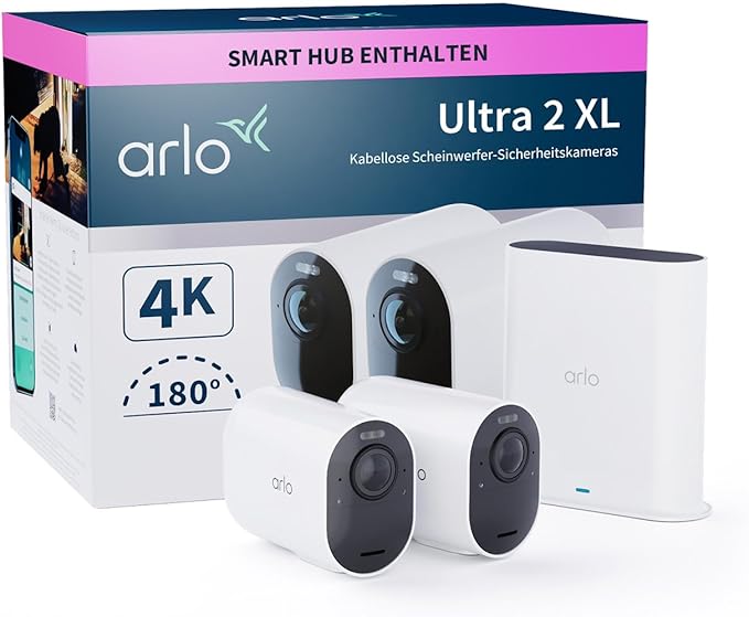 Arlo Ultra 2 XL Überwachungskamera Aussen WLAN, 12-Monate Akkulaufzeit, Kabellos, 4K UHD Qualitätsprodukt, 180°, Nachtsicht, Bewegungsmelder, Alarm Sirene, Zusatzkamera, SmartHub Benötigt