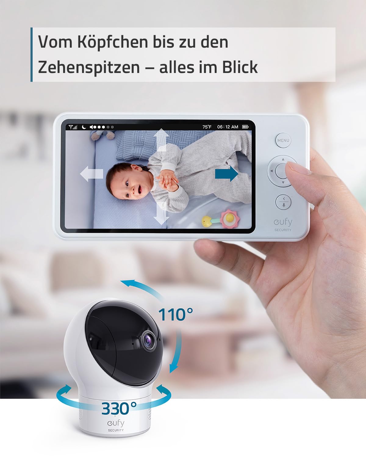 eufy Security SpaceView Babyphone mit 5 Zoll LCD-Display, 720 HD, 140m Reichweite, Weitwinkelobjektiv, präzise Nachtsicht, beidseitige Audiofunktion, 2900mAh Akku, Temperatursensor, smarte Meldungen