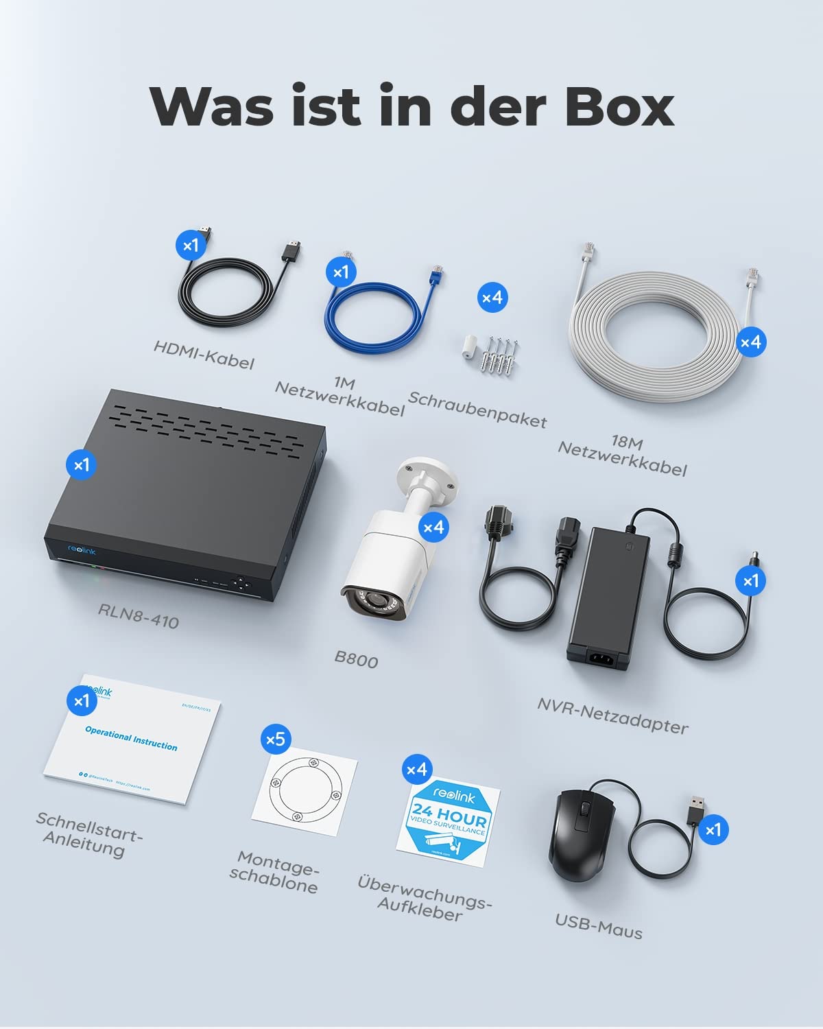 Reolink 4K Überwachungskamera Aussen Set, 8CH Videoüberwachung mit 4X 8MP PoE IP Kamera und 2TB HDD NVR für 24/7 Aufnahme Innen Outdoor, Personenerkennung und Fahrzeugerkennung, IP66, RLK8-800B4