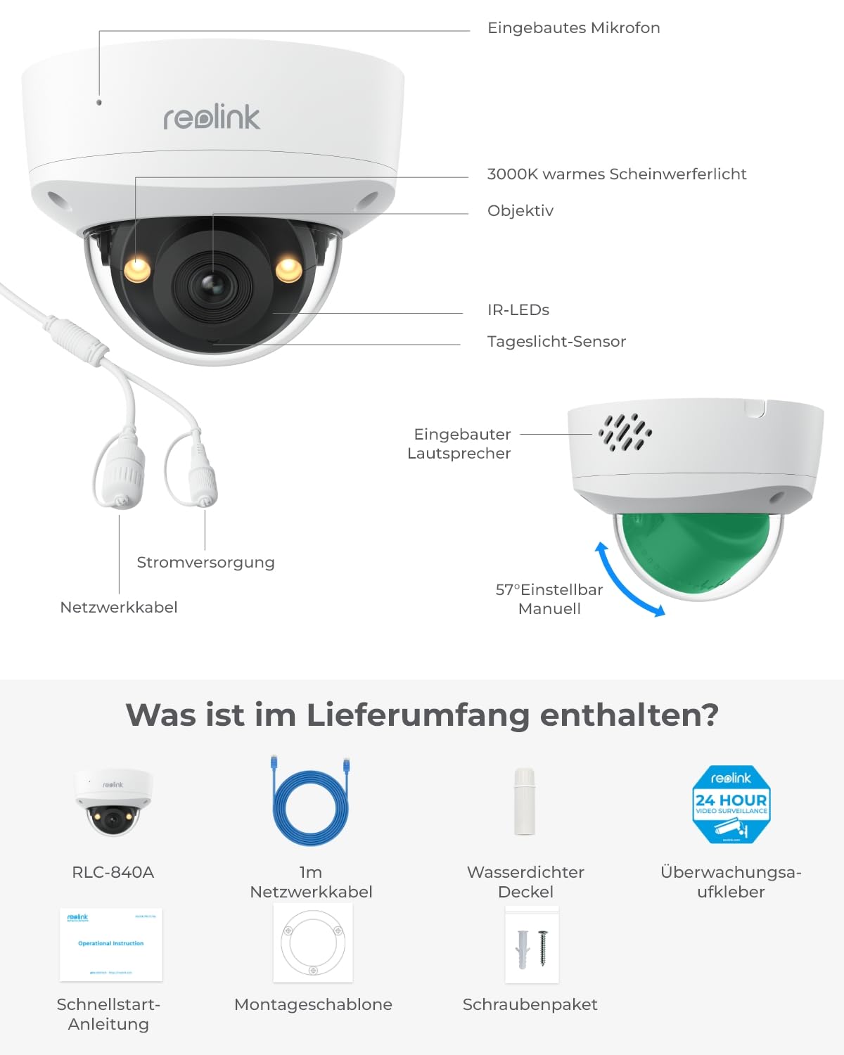 Reolink 4K UHD PoE Überwachungskamera, mit Ik10 Vandalismusschutz, Farbnachtsicht, intelligenter Personen-/Fahrzeug-/Tiererkennung, Zwei-Wege-Audio, Einer schwenkbaren Innenhalterung, RLC-840A