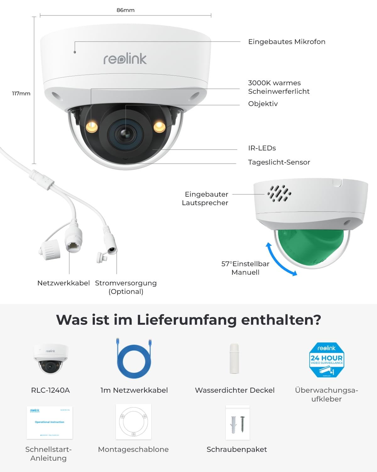 Reolink 12MP Vandalismusgeschützte PoE-Sicherheitskamera mit 145° Weitwinkel, Farbnachtsicht, Zwei-Wege-Audio, Smarter Personen-/Fahrzeug-/Tiererkennung & IP67 Wetterschutz, RLC-1240A