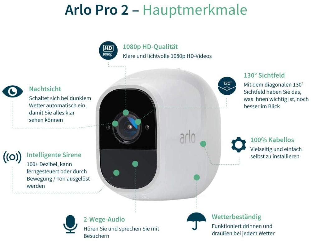 Arlo Pro2 Überwachungskamera & Alarmanlage, 1080p, Zusatzkamera, kabellos, Aussen, Bewegungsmelder, Nachtsicht, 130 Grad Blickwinkel, Smart Home,WLAN, 2-Wege Audio, wetterfest, VMC4030P