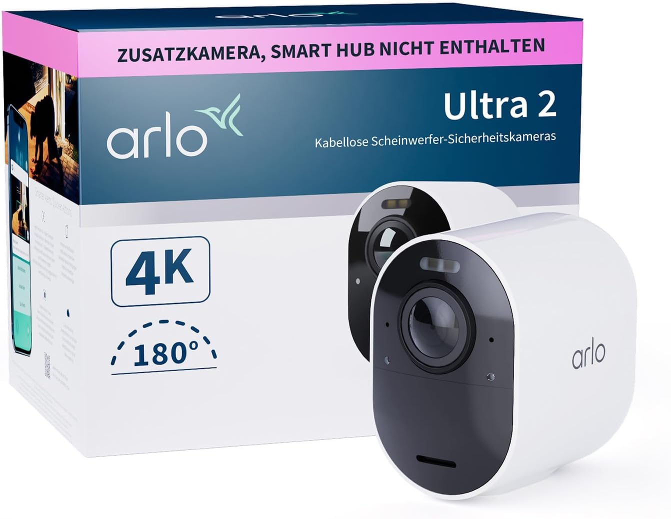 Arlo Ultra 2 XL Überwachungskamera Aussen WLAN, 12-Monate Akkulaufzeit, Kabellos, 4K UHD Qualitätsprodukt, 180°, Nachtsicht, Bewegungsmelder, Alarm Sirene, Zusatzkamera, SmartHub Benötigt