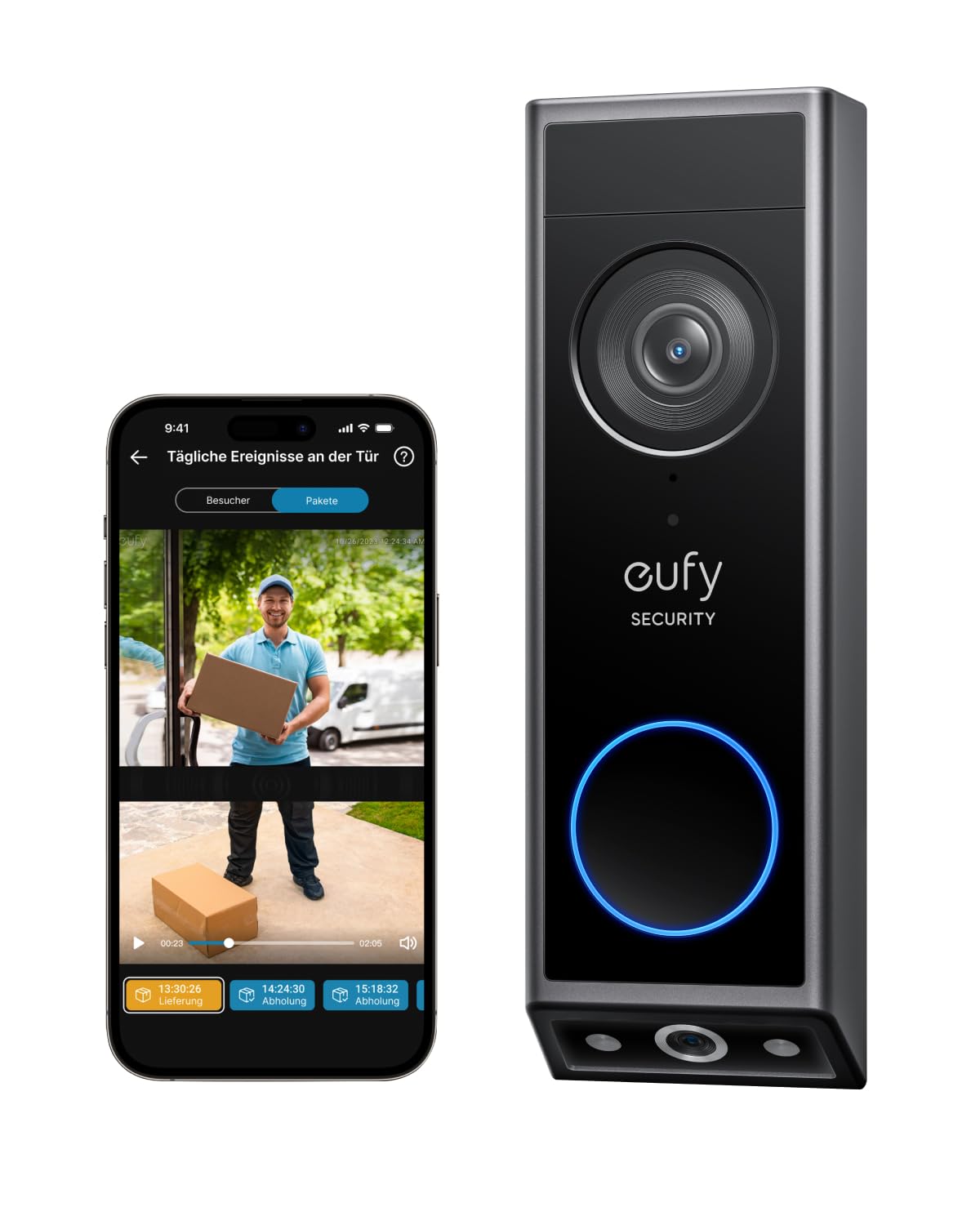 eufy Security Video türklingel E340, Dual türklingel mit Kamera mit Paketerkennung, 2K Full HD Farb-Nachtsicht, Kabel- oder Akkubetrieben, kompatibel mit HomeBase S380, Gebührenfreie Nutzung