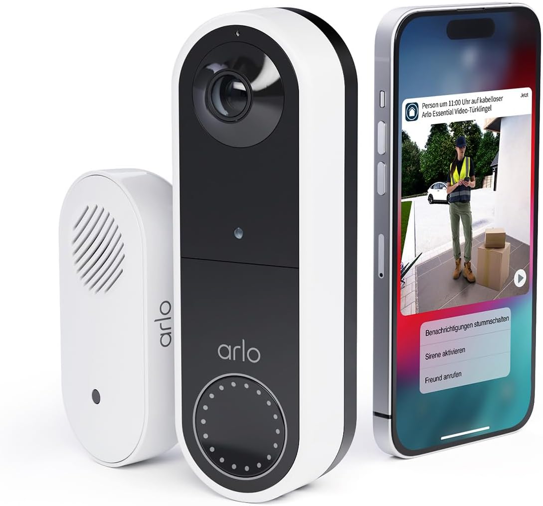 Arlo Kabellose Video Türklingel, 1080p HD Doorbell, RedDot Design Gewinner, 180° Großes Sichtfeld, WLAN, Bewegungsmelder, 2-Wege-Audio, Sirene, Nachtsicht + mit Arlo Secure Testzeitraum, Weiß