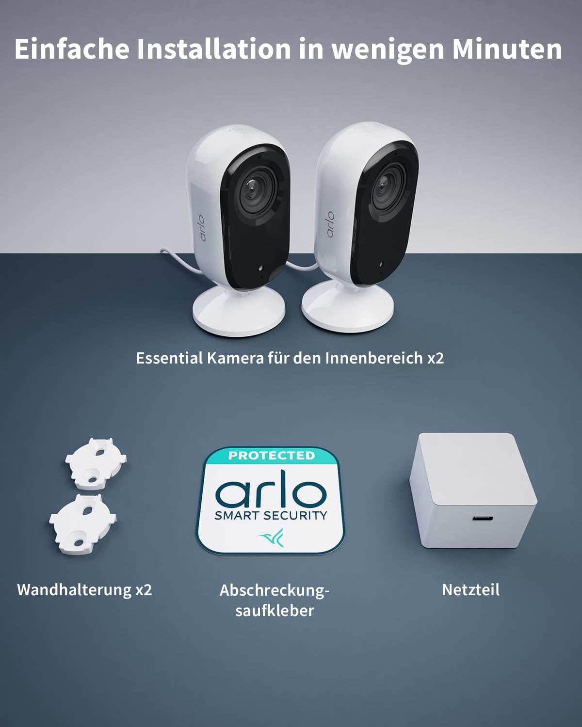 Arlo Indoor Überwachungskamera Innen, 2er Set, HD Video, 2-Wege-Audio, Bewegungsmelder, Kabelgebunden, Ideal Als Babyphone, Haustierkamera, Hausüberwachung + Arlo Secure Plan Testzeitraum, Weiß