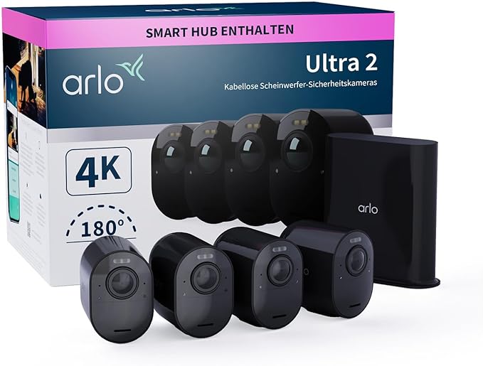 Arlo Ultra 2 XL Überwachungskamera Aussen WLAN, 12-Monate Akkulaufzeit, Kabellos, 4K UHD Qualitätsprodukt, 180°, Nachtsicht, Bewegungsmelder, Alarm Sirene, Zusatzkamera, SmartHub Benötigt