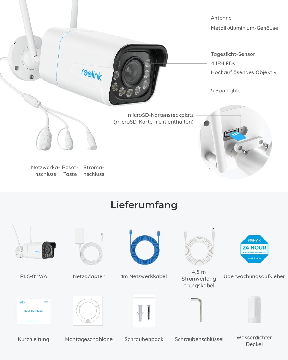 Reolink 4K 8MP Wi-Fi 6 Überwachungskamera Aussen mit 5X Optischem Zoom, Reibungsloser Fernzugriff mit H.265-Aufzeichnung, Farbnachtsicht, Intelligente Erkennung, 2-Wege-Audio, IP67, RLC-811WA