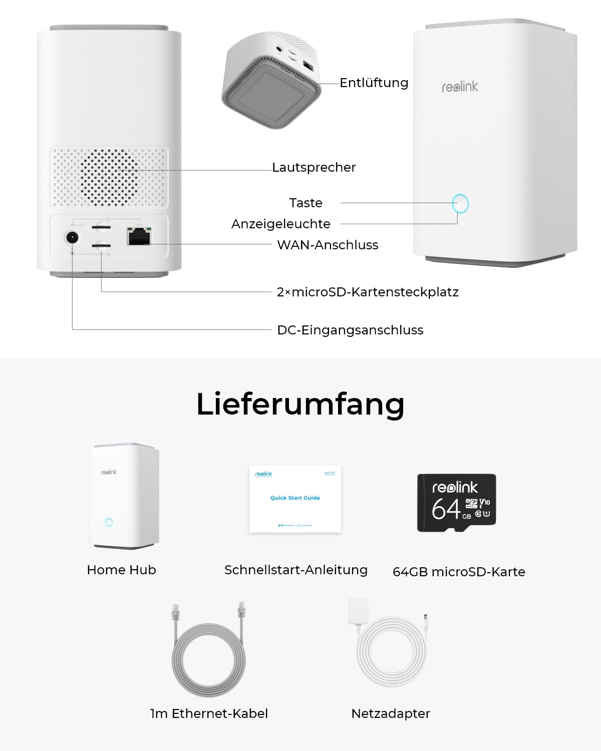 Reolink Home Hub für Überwachungskamera, 4K-Live-Ansicht & -Wiedergabe, Erweiterbarer Lokaler Speicher, Erweiterte Verschlüsselung, 2.4/5GHz Wi-Fi 6, Keine monatliche Gebühr, mit 64GB microSD-Karte