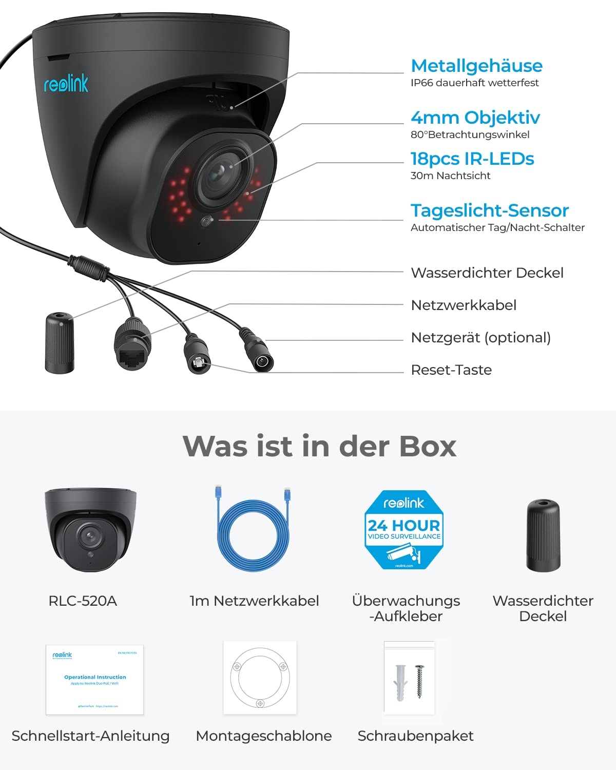 Reolink 5MP PoE Überwachungskamera Aussen mit Personen-/Autoerkennung, Smarte IP Kamera Outdoor mit Zeitraffer, IR Nachtsicht, Audio, Wasserfest, microSD Kartensteckplatz, RLC-520A Schwarz