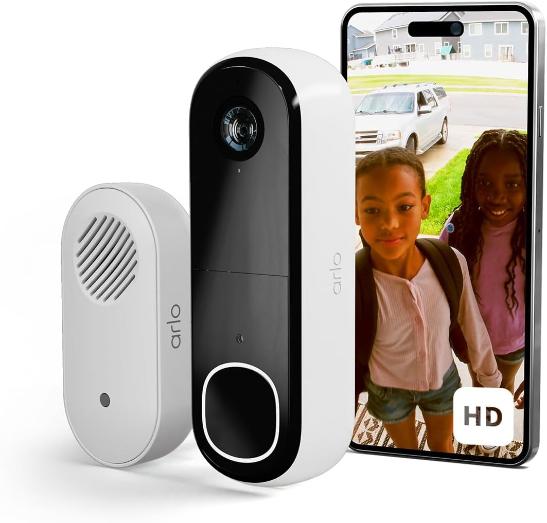 Arlo Kabellose Video Türklingel, 1080p HD Doorbell, RedDot Design Gewinner, 180° Großes Sichtfeld, WLAN, Bewegungsmelder, 2-Wege-Audio, Sirene, Nachtsicht + mit Arlo Secure Testzeitraum, Weiß