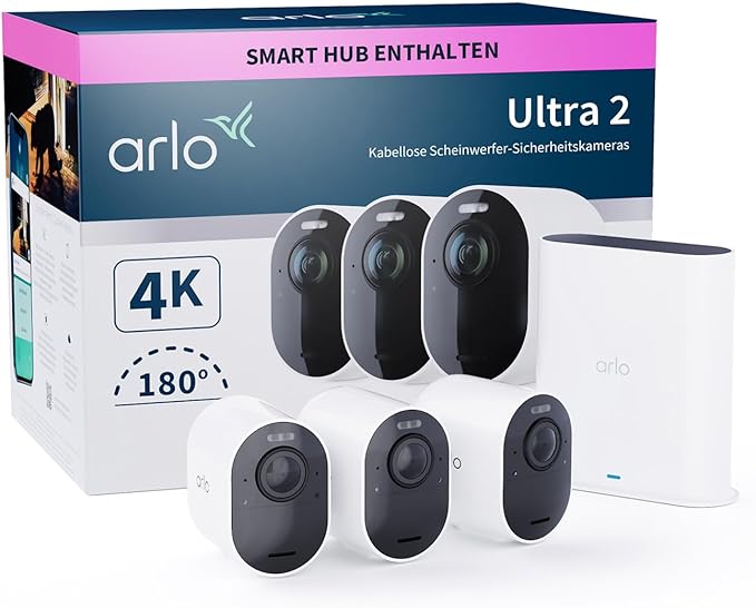 Arlo Ultra 2 XL Überwachungskamera Aussen WLAN, 12-Monate Akkulaufzeit, Kabellos, 4K UHD Qualitätsprodukt, 180°, Nachtsicht, Bewegungsmelder, Alarm Sirene, Zusatzkamera, SmartHub Benötigt