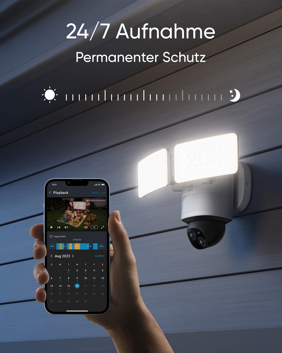 eufy Security Floodlight Camera E340, 360° Schwenk- & Neigefunkt., 24/7 Aufnahme, Dual-Band Wi-Fi, 2.000 Lumen, Bewegungsaktiviert, Dual-Kamera, HomeBase 3-kompatibel, Lokaler Speicher, Keine Gebühren