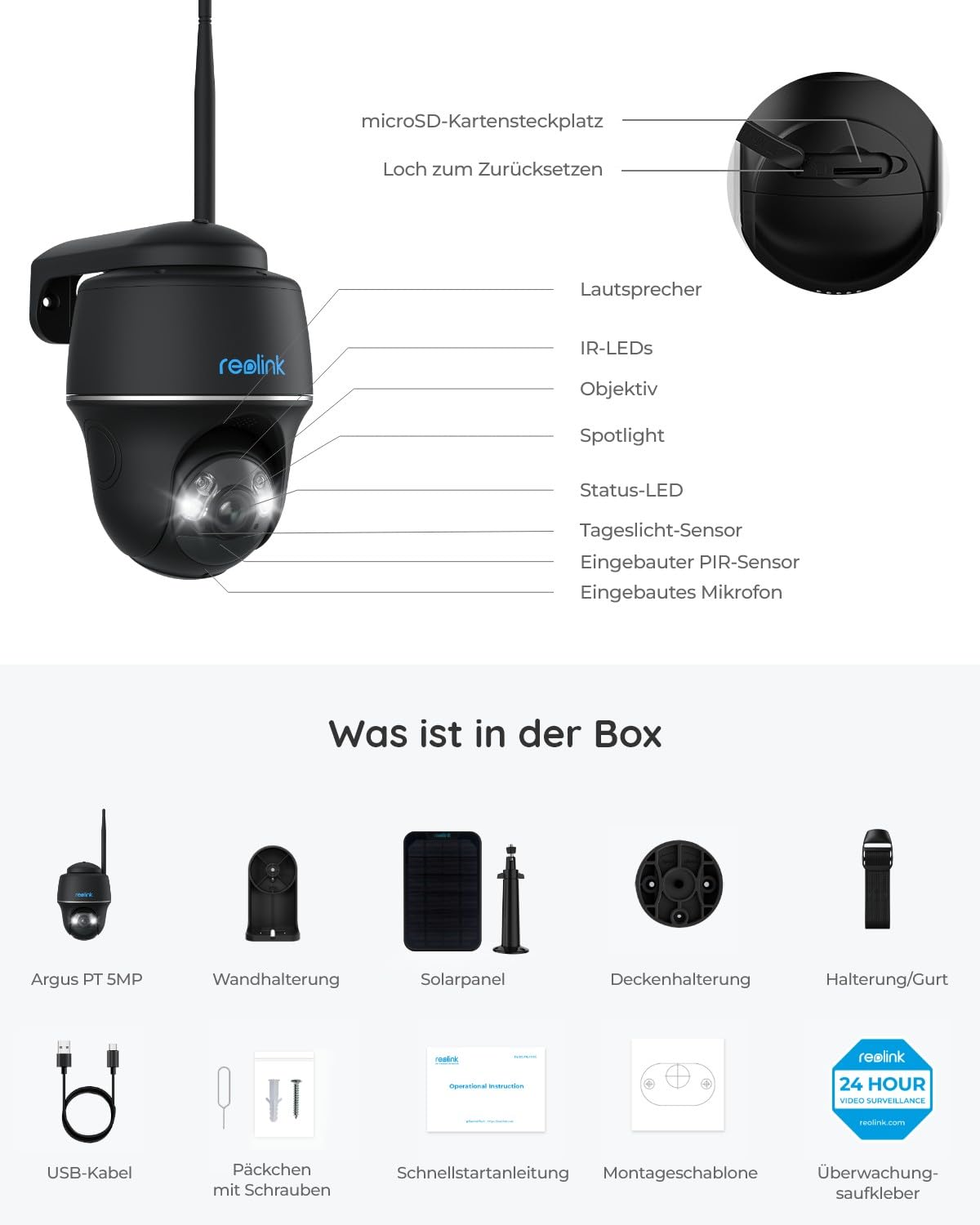 Reolink 5MP Solar Überwachungskamera Akku, 355°/140° Schwenkbar WLAN Kamera Outdoor Kabellos 2, 4/5GHz WiFi, Farbnachtsicht, Personen/Auto/Tiererkennung, Standalone, Argus PT(Schwarz)+Solarpanel