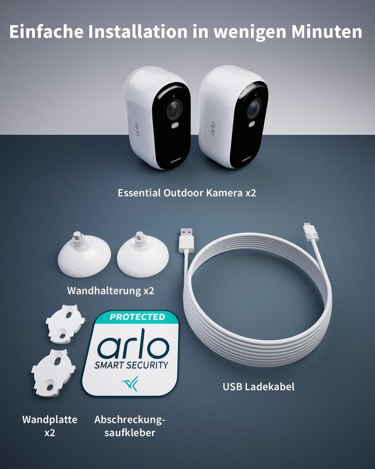 Arlo Essential 2 HD Akku Überwachungskamera Aussen WLAN, Kabellos, 1080p Video, Farbnachtsicht, Licht, Bewegungsmelder, Sirene, 2-Wege Audio, Smart Home + Arlo Secure Plan Testzeitraum, 2er Set