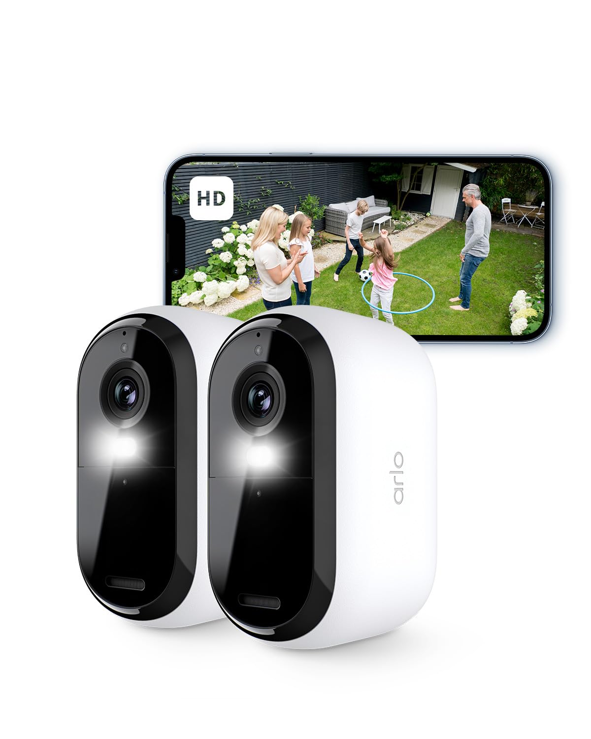 Arlo Essential 2 HD Akku Überwachungskamera Aussen WLAN, Kabellos, 1080p Video, Farbnachtsicht, Licht, Bewegungsmelder, Sirene, 2-Wege Audio, Smart Home + Arlo Secure Plan Testzeitraum, 2er Set