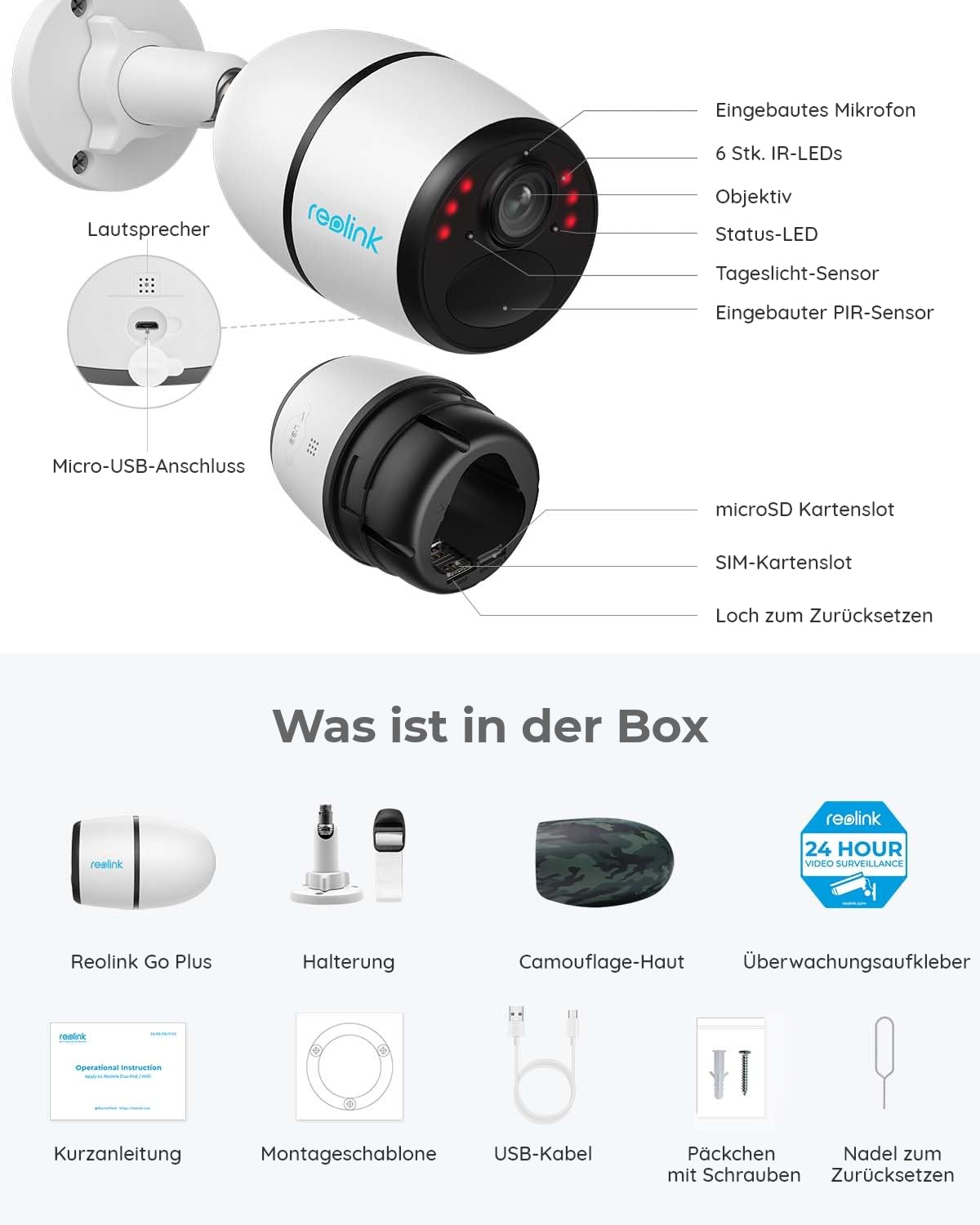 Reolink Go Plus 3G/4G LTE Überwachungskamera mit SIM-Kartenslot 2K 4MP HD, Personen-/Autoerkennung, Akku Kamera Aussen Ohne WLAN, Videoüberwachung, Kompatibel mit Alexa/Google, 2-Wege-Audio