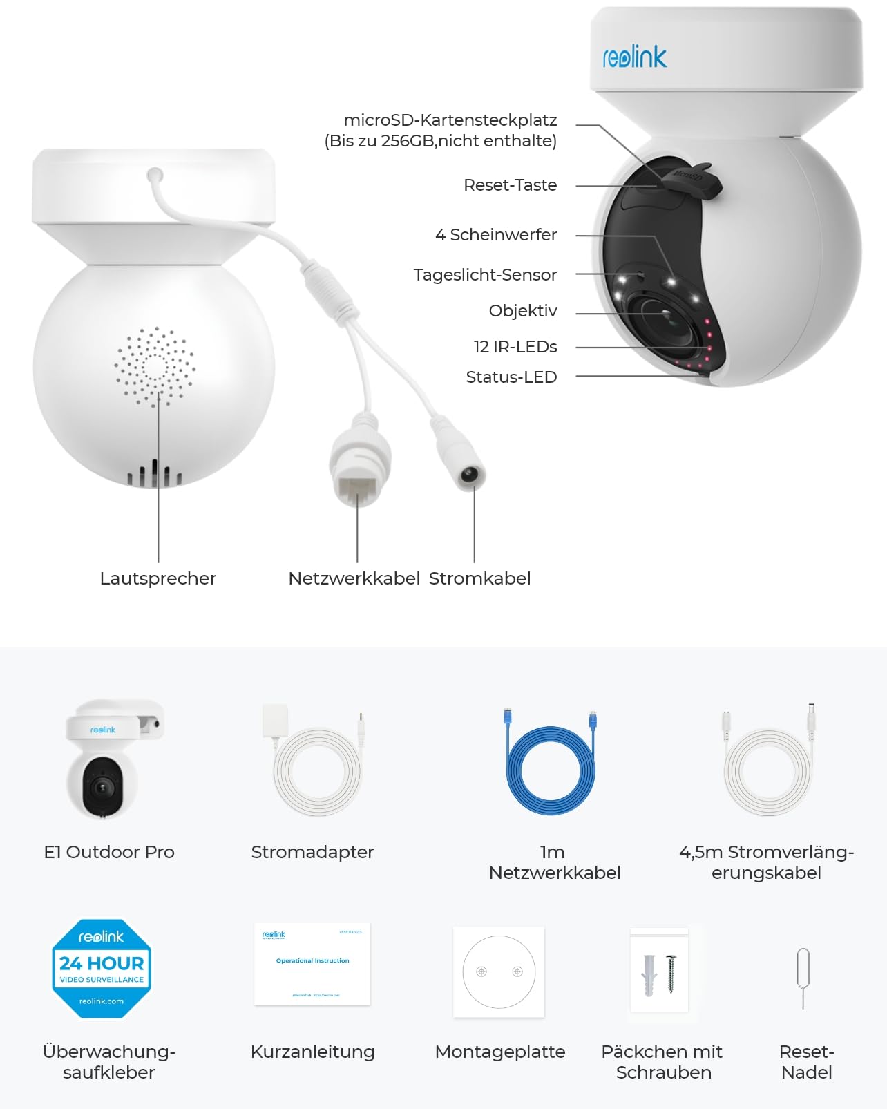 Reolink Wi-Fi 6 4K PTZ WLAN Kamera Outdoor mit 3X Optischem Zoom, Auto-Tracking, 2,4/5 GHz Dualband, Intelligenter Personen-/Fahrzeug-/Haustiererkennung, Farbnachtsicht, 2-Wege-Audio, E1 Outdoor Pro