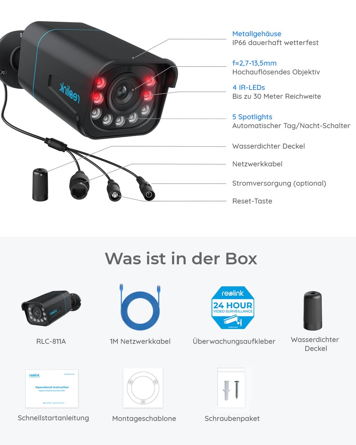 Reolink 4K PoE IP Kamera Outdoor mit Personen-/Autoerkennung, 5X optischer Zoom Überwachungskamera Aussen, Spotlight, Farbige Nachtsicht, Zwei-Wege-Audio, microSD Kartensteckplatz, RLC-811A Schwarz