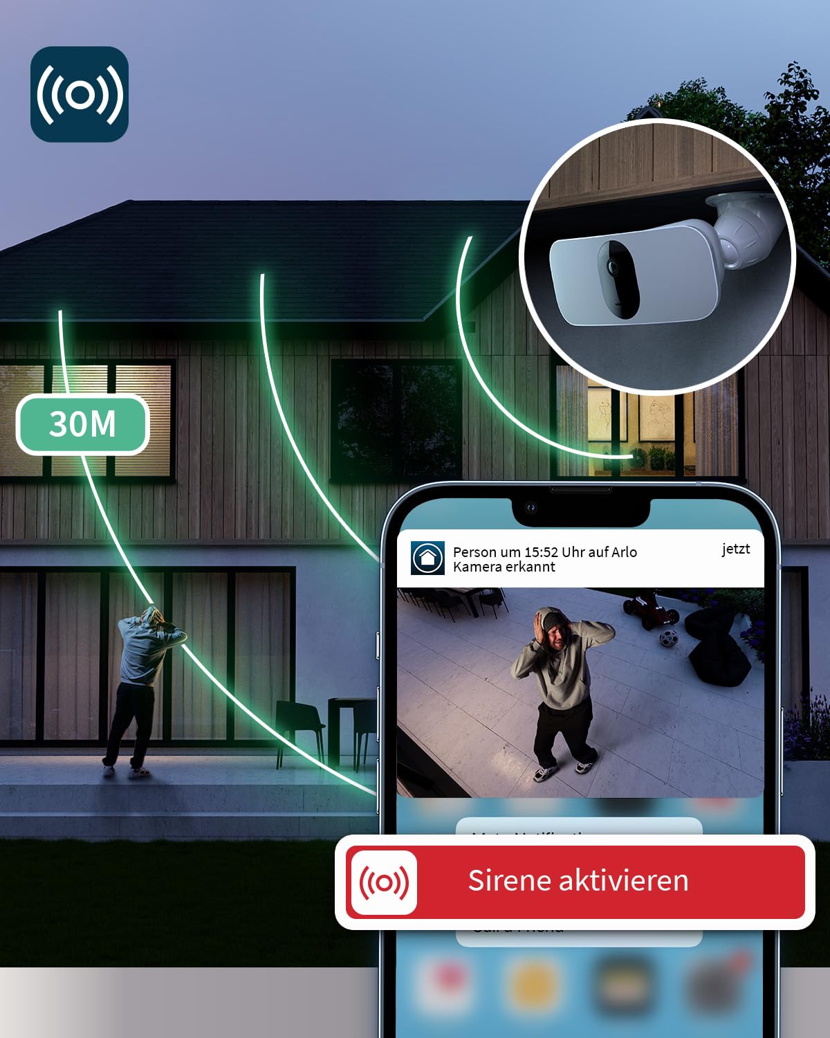 Arlo Floodlight Überwachungskamera Aussen WLAN, Kabellos, 2K HDR, 160° Ultra-Weitwinkel, Bewegungsmelder, Farbnachtsicht, LED Flutlicht, 2-Wege-Audio, Alarm Sirene + mit Arlo Secure Testzeitraum