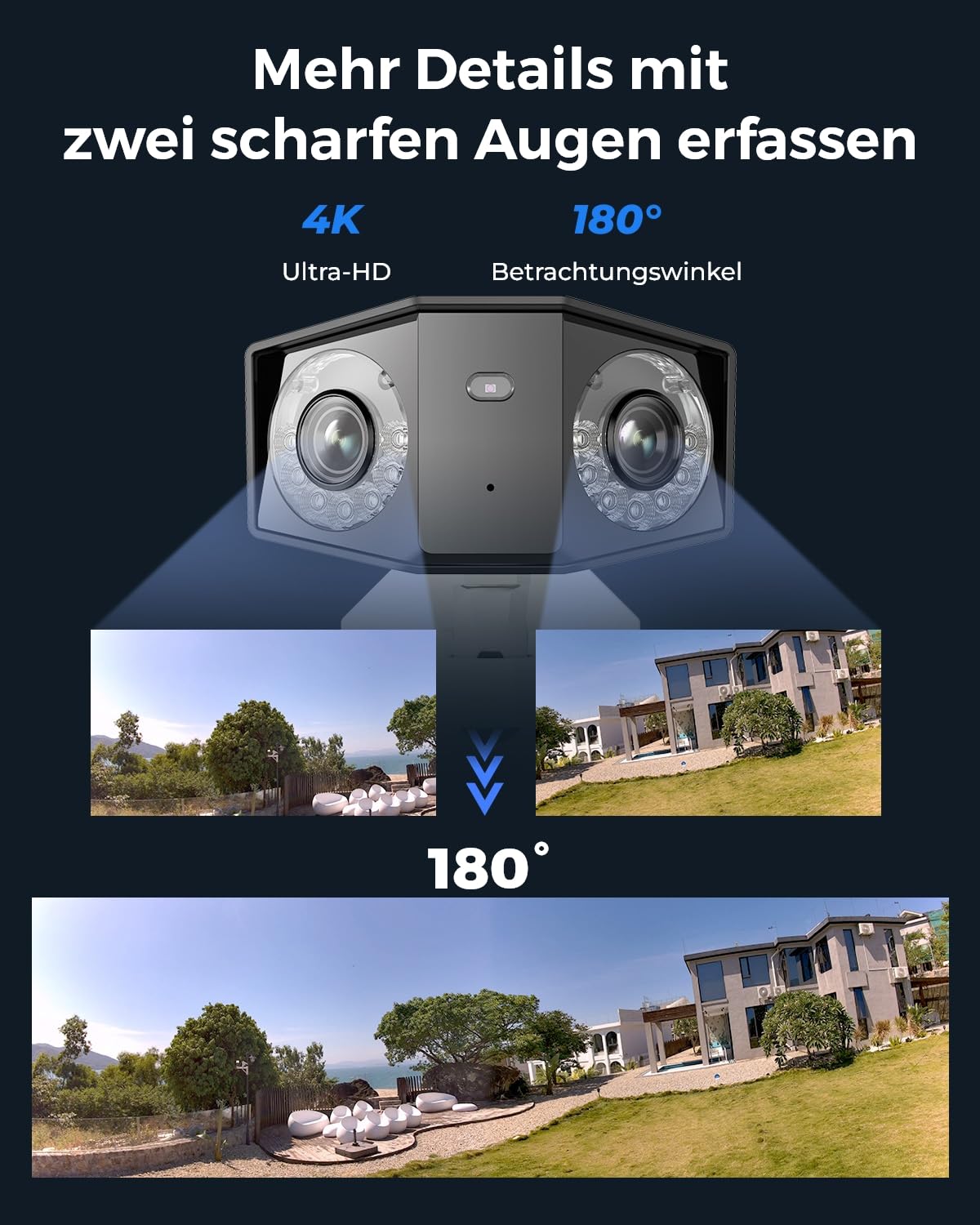 Reolink 4K Dual-Lens überwachungskamera aussen mit 180° Sichtwinkel, Outdoor IP-Kamera, Person/Fahrzeug/Tier-Erkennung, Farb-Nachtsicht, Zwei-Wege-Audio, Wasserdicht, Duo 2 PoE