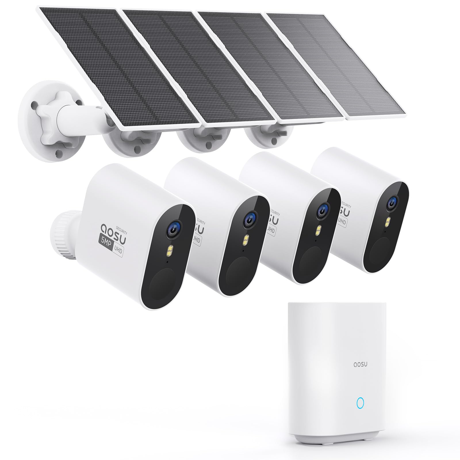 AOSU 5MP Solar Security Cameras Outdoor Wireless, Ultra HD Video Home Security System 4-Cam Kit with 166° Ultra Wide Angle, Cam-to-Cam Sync, Color Night Vision, Spotlight & Siren, No Monthly Fees