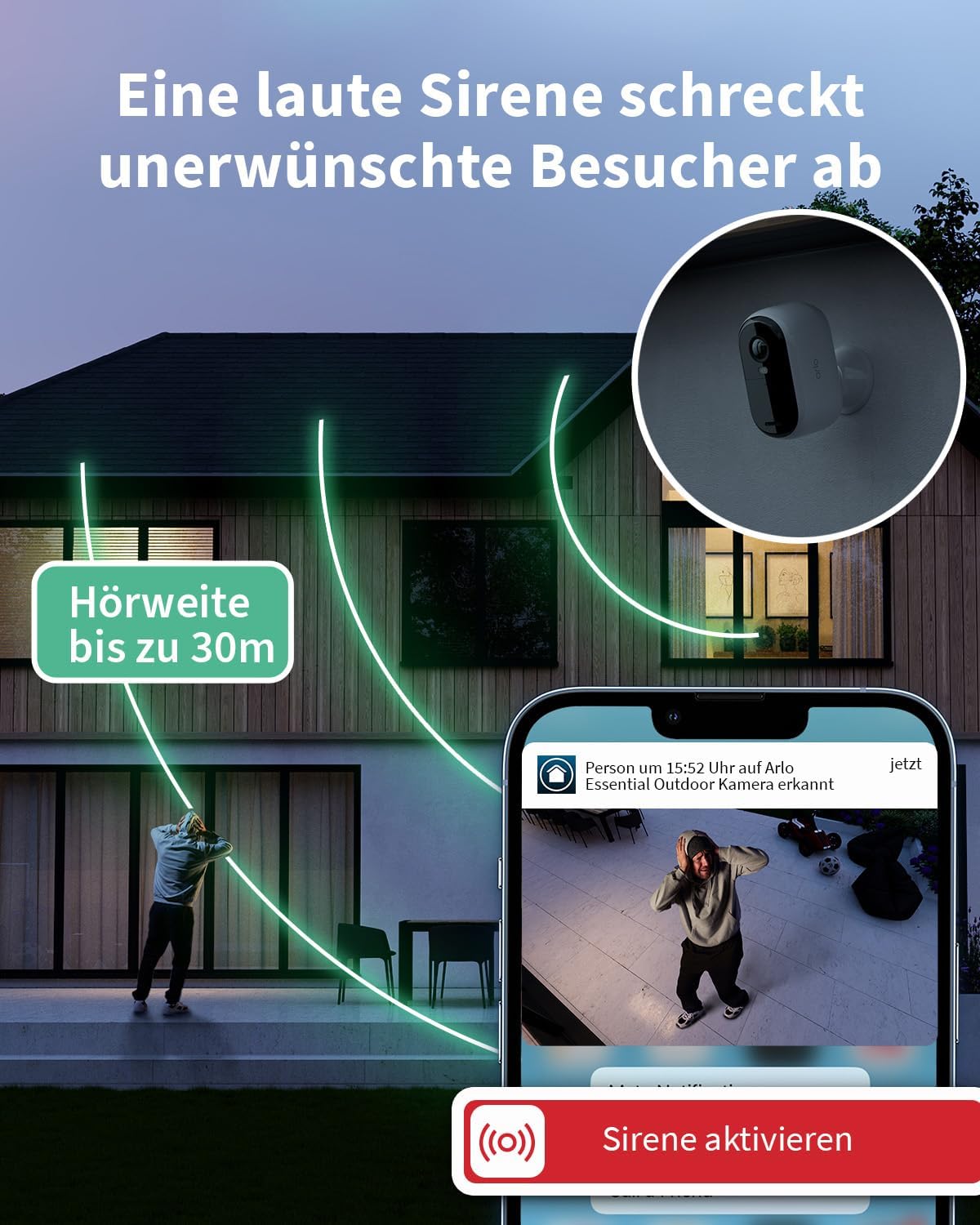 Arlo Essential 2 XL Überwachungskamera Aussen WLAN, Bis Zu 2 Jahre Schutz, Kabellos, 2K HD Video, Farbnachtsicht, Licht, Bewegungsmelder, Sirene, 2-Wege Audio + Arlo Secure Plan Testzeitraum, Weiß