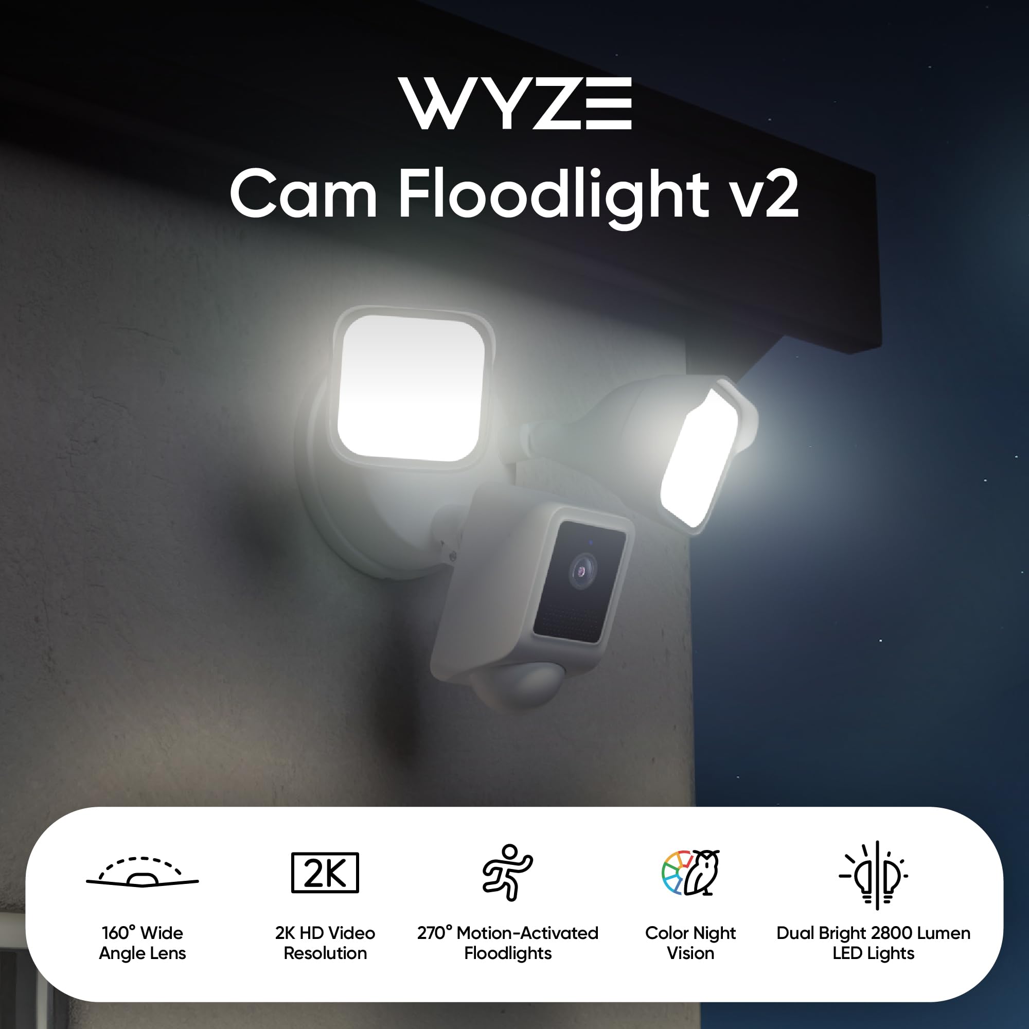 WYZE Floodlight Camera v2, 2800-Lumen LEDs, 2K HD Outdoor Security Camera, 160° Wide View, Motion Activated Light, 105dB Siren, Color Night Vision, Compatible with Alexa & Google Assistant, Wired