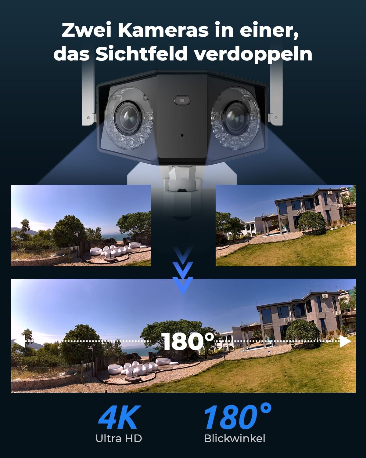 Reolink 4K Dual-Lens WLAN Überwachungskamera Aussen, 180° Ultra-Weitwinkel, Person-/Fahrzeug-/Haustier-Erkennung, 2,4/5 GHz WiFi, Farbnachtsicht, 2-Wege-Audio, Duo 2 WiFi