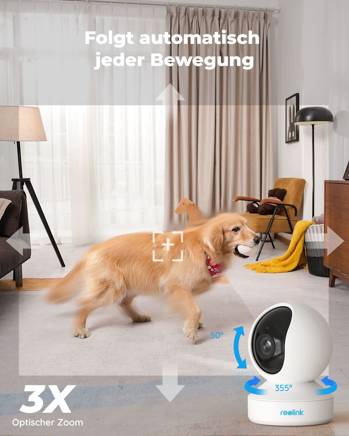 Reolink 5MP PTZ WLAN Überwachungskamera Innen, 2,4/5 GHz WiFi Baby Monitor mit Mensch/Haustiererkennung, Auto-Tracking, 3X Optischem Zoom, Heimüberwachungskamera für Ältere Kids, 2-Wege-Audio, E1 Zoom