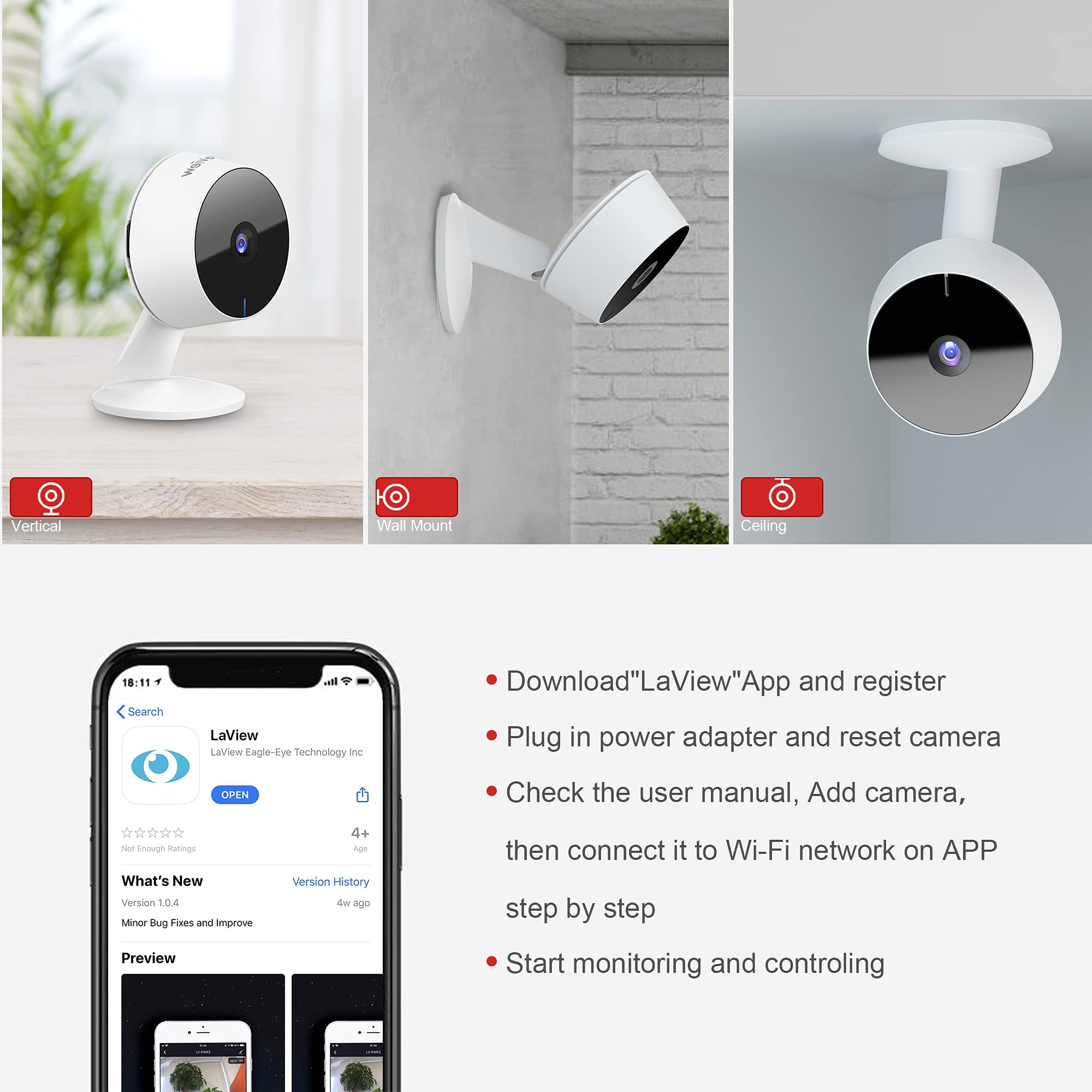 LaView Security Cameras 4pcs, Home Security Camera Indoor 1080P, Wi-Fi Cameras Wired for Pet, Motion Detection, Two-Way Audio, Night Vision, Phone App, Works with Alexa, iOS & Android & Web Access