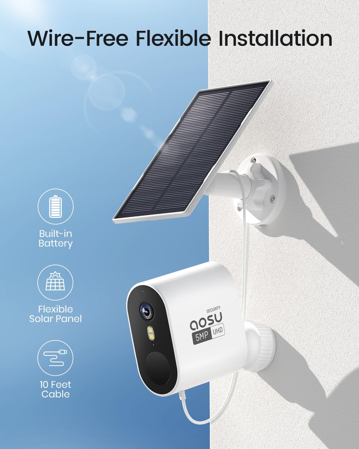 AOSU 5MP Solar Security Cameras Outdoor Wireless, Ultra HD Video Home Security System 4-Cam Kit with 166° Ultra Wide Angle, Cam-to-Cam Sync, Color Night Vision, Spotlight & Siren, No Monthly Fees