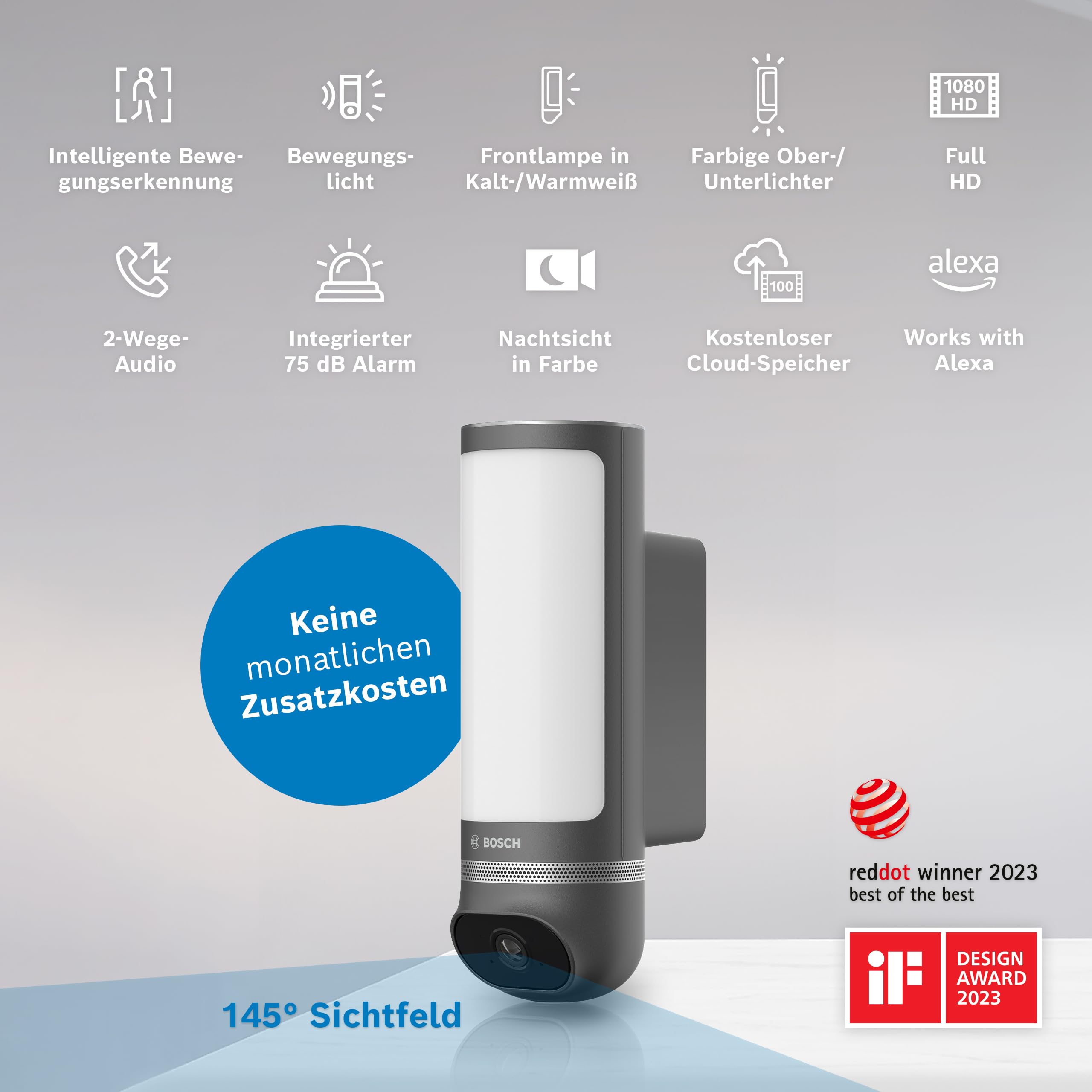 Bosch Smart Home Außenkamera II, Überwachungskamera Außen, 1080p Full-HD Auflösung mit integrierter Alarmsirene und Design-Leuchte, kompatibel mit Amazon Alexa, anthrazit – Amazon exklusiv