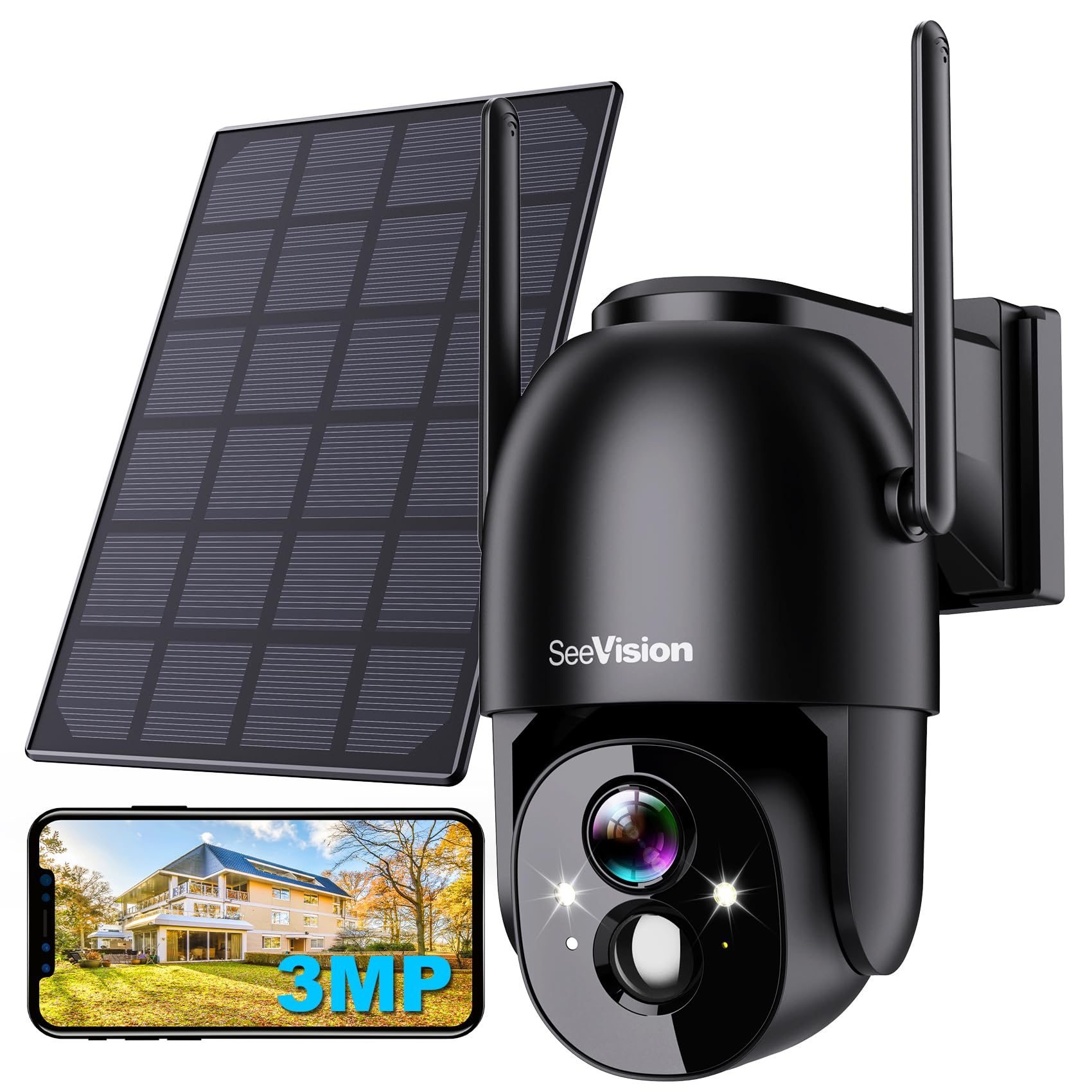 Solar Security Cameras Wireless Outdoor, 2K Battery Powered PTZ WiFi 3MP Security Camera for Home with Spotlight, PIR Motion Detection,Siren, Color Night Vision, 2-Way Talk, SD/Cloud Storage