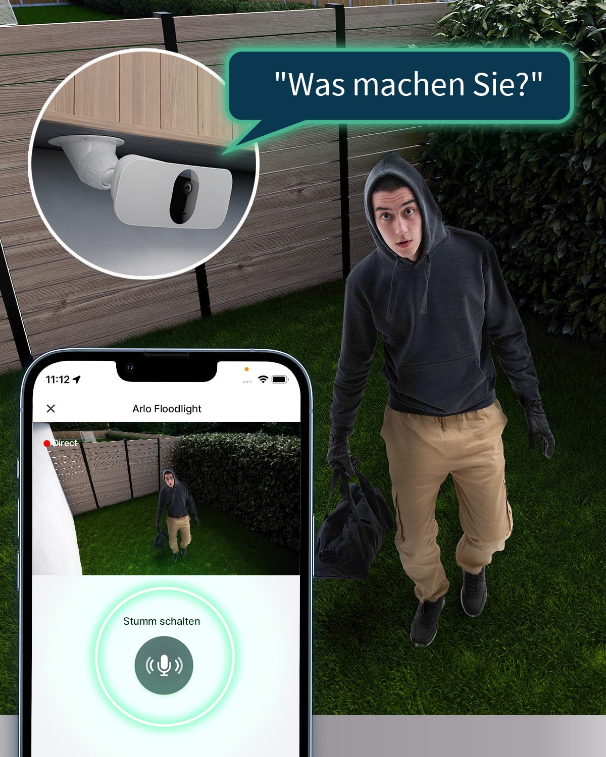 Arlo Floodlight Überwachungskamera Aussen WLAN, Kabellos, 2K HDR, 160° Ultra-Weitwinkel, Bewegungsmelder, Farbnachtsicht, LED Flutlicht, 2-Wege-Audio, Alarm Sirene + mit Arlo Secure Testzeitraum