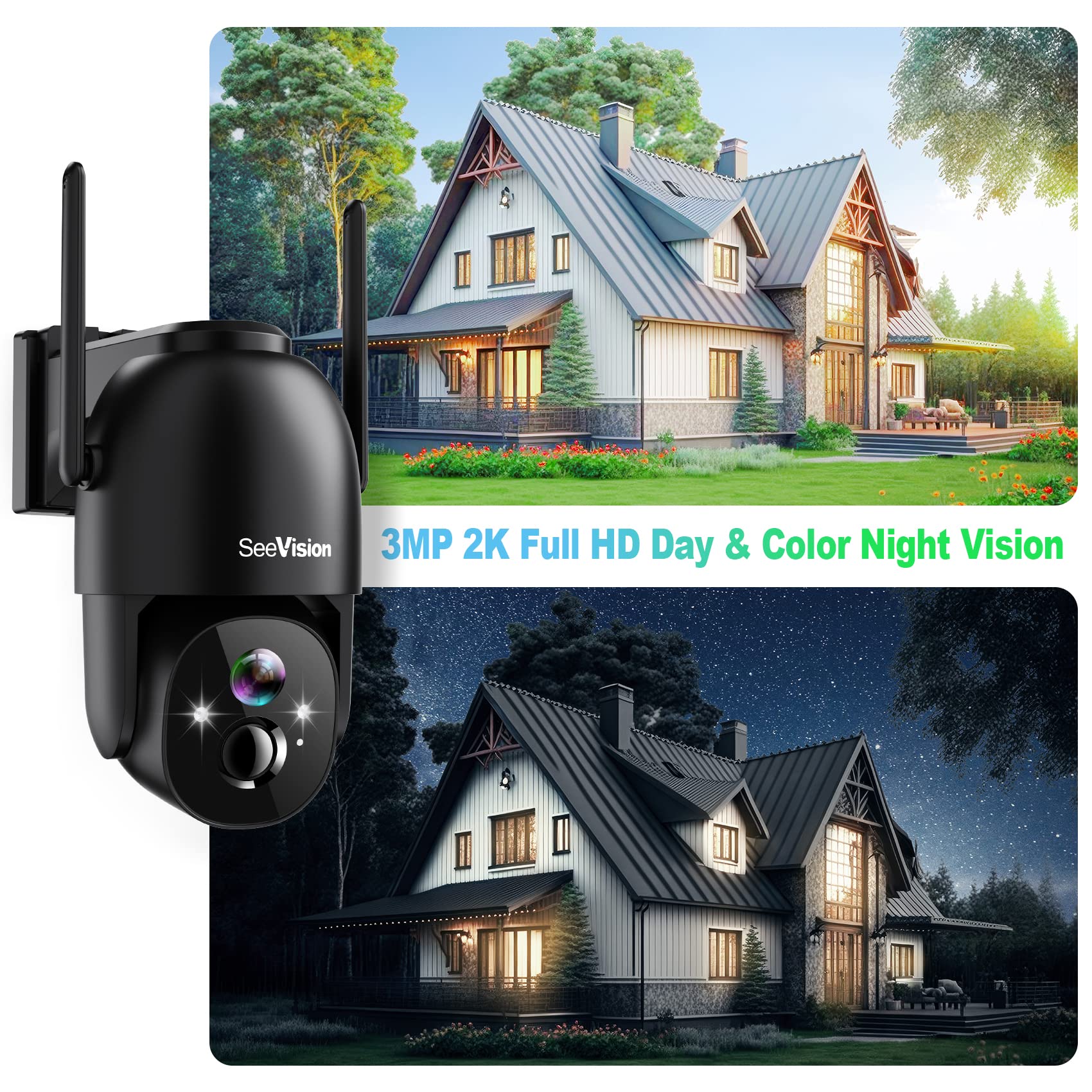 Solar Security Cameras Wireless Outdoor, 2K Battery Powered PTZ WiFi 3MP Security Camera for Home with Spotlight, PIR Motion Detection,Siren, Color Night Vision, 2-Way Talk, SD/Cloud Storage