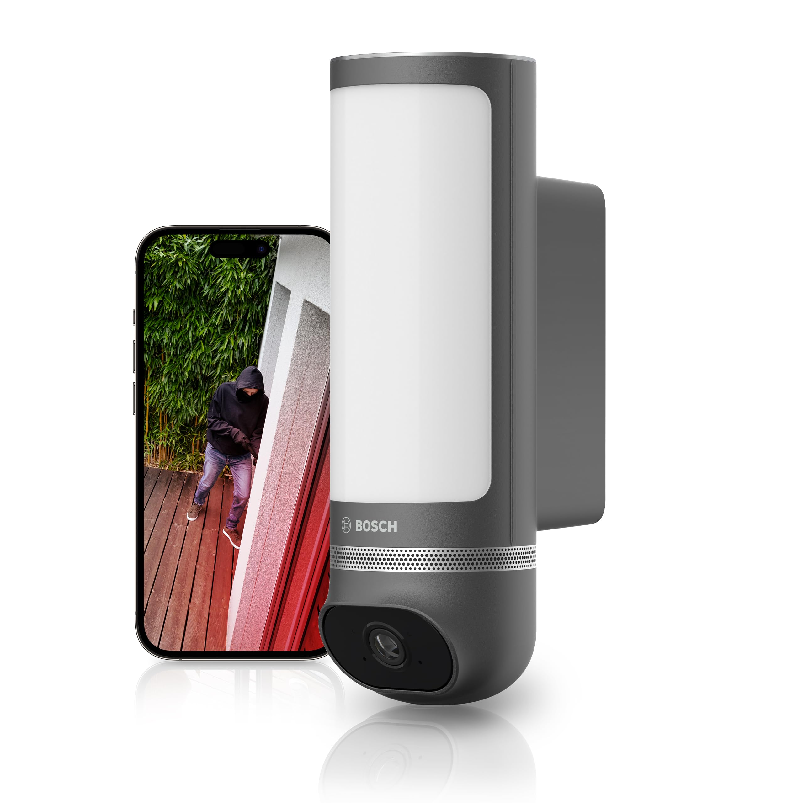 Bosch Smart Home Außenkamera II, Überwachungskamera Außen, 1080p Full-HD Auflösung mit integrierter Alarmsirene und Design-Leuchte, kompatibel mit Amazon Alexa, anthrazit – Amazon exklusiv