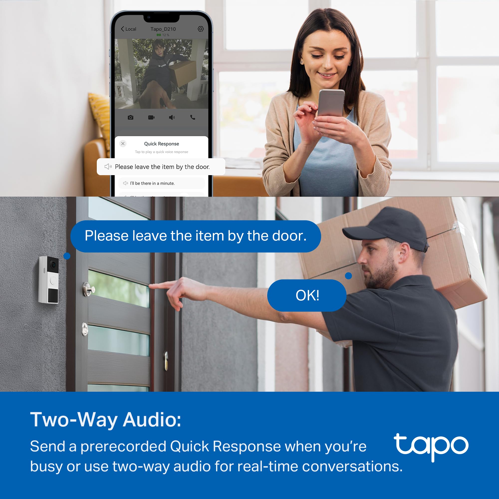 TP-Link Tapo Smart Video Doorbell Camera Wireless with Chime, 2K with Full Color Night Vison & Spotlights, No Monthly Fee, Ring Call, 160° Ultra-Wide View, Free AI Detection, Local Storage (D210)