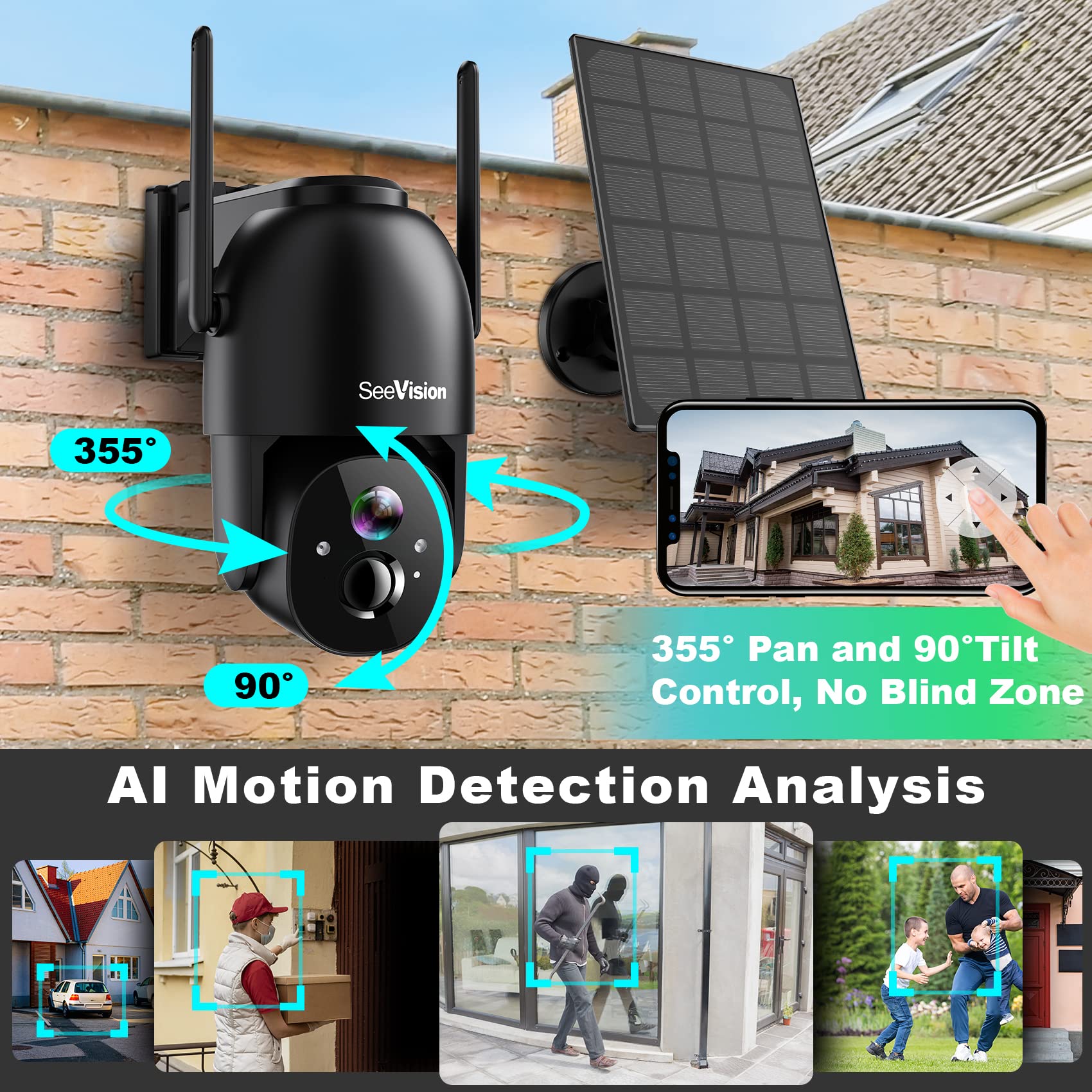 Solar Security Cameras Wireless Outdoor, 2K Battery Powered PTZ WiFi 3MP Security Camera for Home with Spotlight, PIR Motion Detection,Siren, Color Night Vision, 2-Way Talk, SD/Cloud Storage